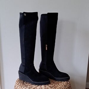 Cecelia New York Women Black Gerber Knee High Suede/Stretch 2.5" Wedge Boots 6.5